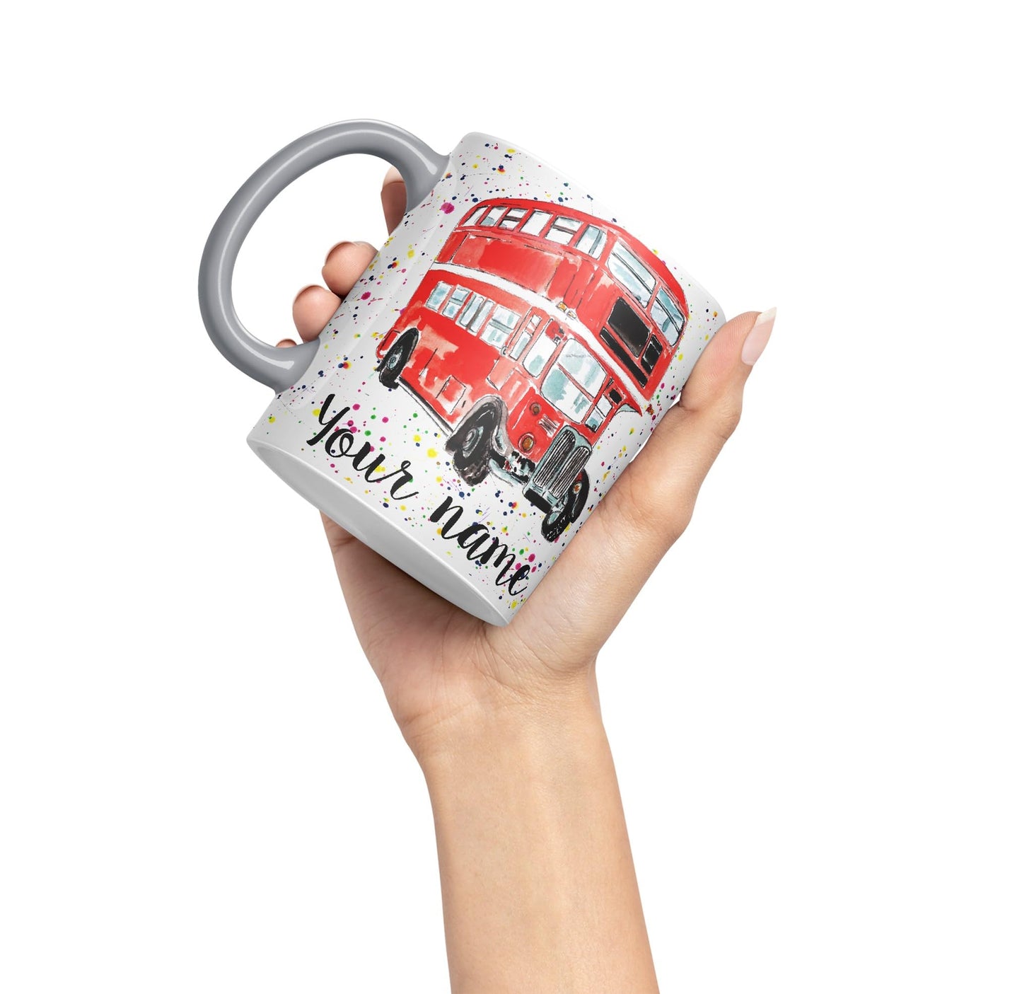 Vixar Personalised with Your Text Red Bus Classic London Busses Watercolour Art Coloured Ceramic Mug Cup Gift 330ml 11oz Custom Work Office Tea Coffe