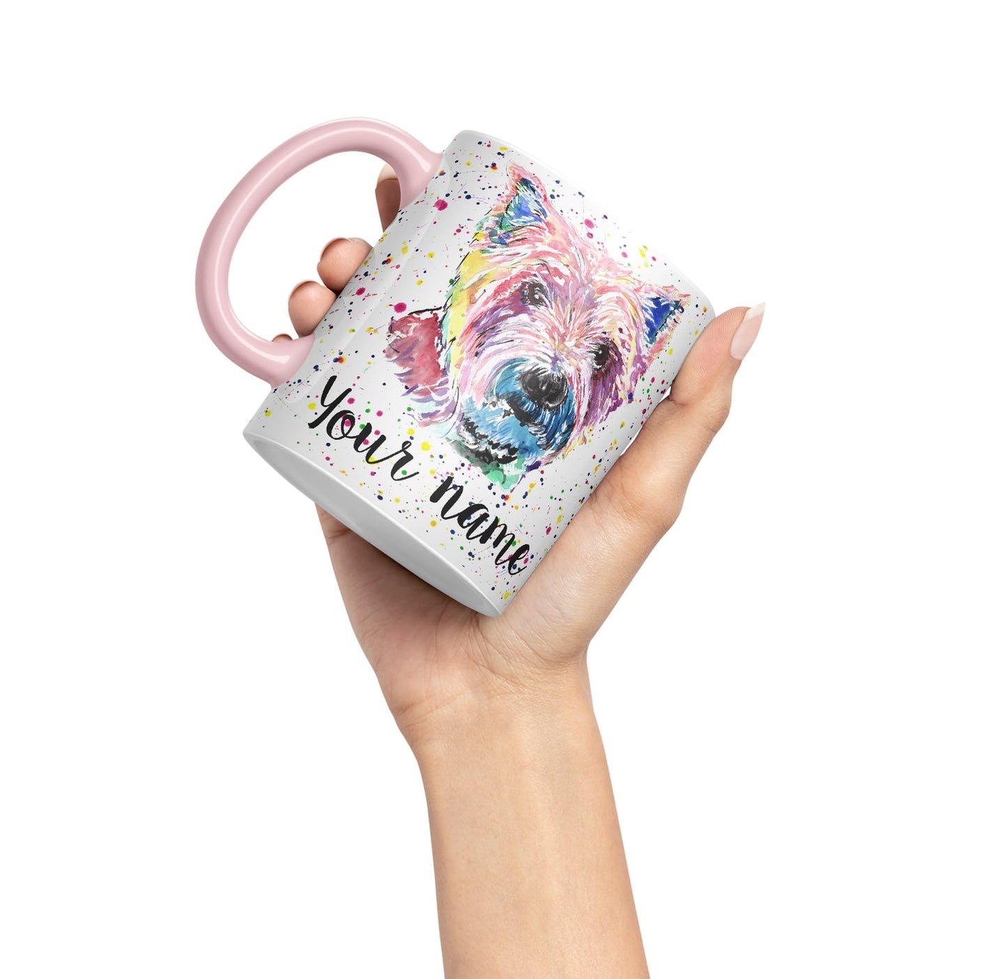 Personalised mug with Your Text name West Highland terrier Scottish animals Watercolour Art Coloured Ceramic Mug Cup Gift 330ml 11oz Custom Work Office Tea Coffee