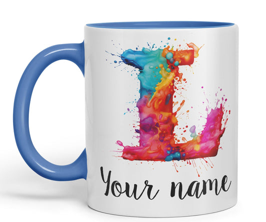 Personalised Letter L mug, Alphabet cusomized custom Letter L Monogram watercolour Ceramic Coloured Mug Cup for Tea Coffee Hot brew 330ml 11Oz Gift