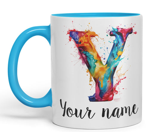 Personalised Letter Y mug, Alphabet cusomized custom Letter Y Monogram watercolour Ceramic Coloured Mug Cup for Tea Coffee Hot brew 330ml 11Oz Gift