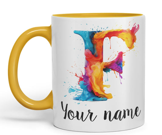 Personalised Letter F mug, Alphabet cusomized custom your Letter F Monogram watercolour Ceramic Coloured Mug Cup for Tea Coffee Hot brew 330ml 11Oz Gift