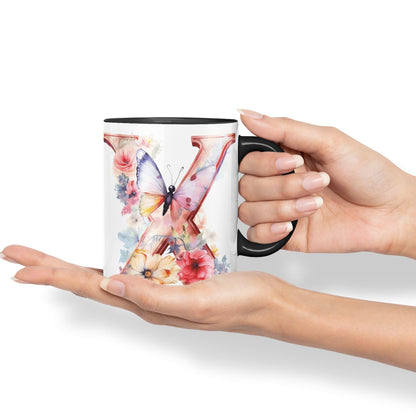Letter X mug, Floral flowers butterfly Alphabet Letter X Monogram watercolour Ceramic Coloured Mug Cup for Tea Coffee Hot brew 330ml 11Oz Gift