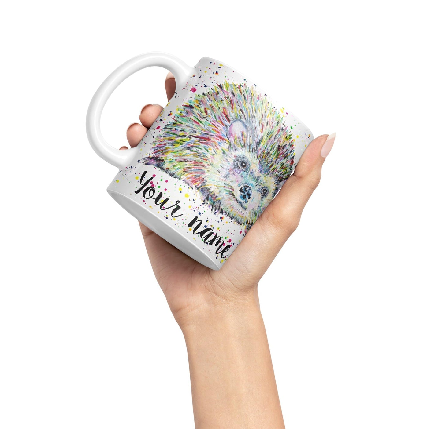 Vixar Personalised with Your Text Hedgehog Wildlife Watercolour Art Coloured Ceramic Mug Cup Gift 330ml 11oz Custom Work Office Tea Coffee