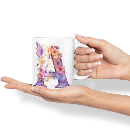 Letter A mug, Floral flowers butterfly Alphabet Letter A Monogram watercolour Ceramic Coloured Mug Cup for Tea Coffee Hot brew 330ml 11Oz Gift