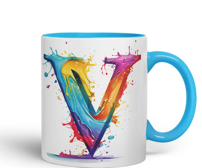 Letter V mug, Alphabet Letter V Monogram watercolour Ceramic Coloured Mug Cup for Tea Coffee Hot brew 330ml 11Oz Gift