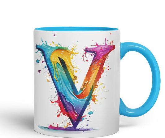 Letter V mug, Alphabet Letter V Monogram watercolour Ceramic Coloured Mug Cup for Tea Coffee Hot brew 330ml 11Oz Gift