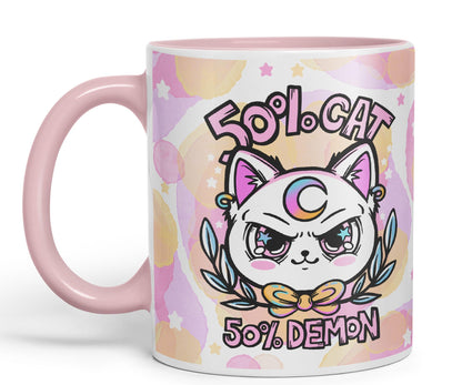 Vixar 50% Cat 50% Demon Cute cat Lovers, Kawaii Joke Coloured Ceramic Mug Cup Gift 330ml 11oz Work Office Tea Coffee