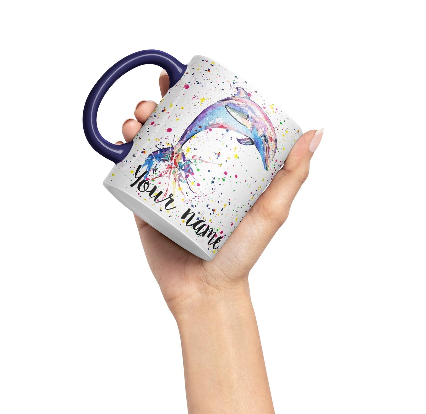 Vixar Personalised with Your Text Dolphin Sea Animal Watercolour Art Coloured Ceramic Mug Cup Gift 330ml 11oz Custom Work Office Tea Coffee