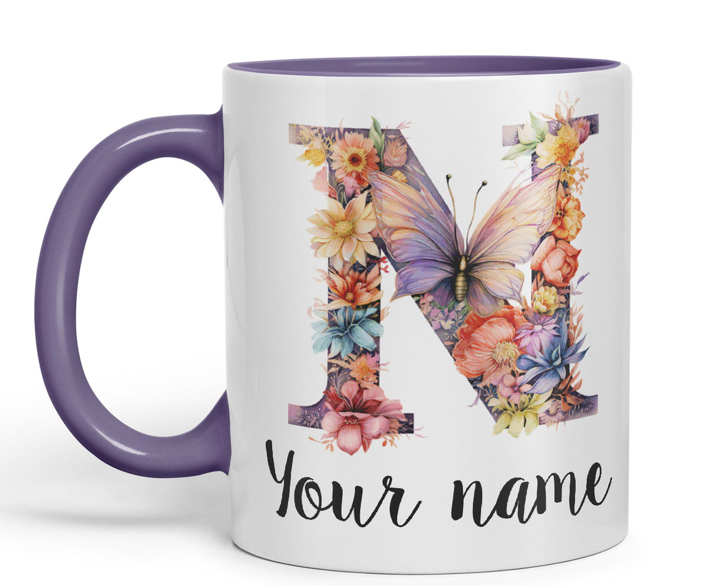 Personalised Letter N mug, Customized Custom Floral flowers butterfly Alphabet Letter N Monogram watercolour Ceramic Coloured Mug Cup for Tea Coffee Hot brew 330ml 11Oz Gift