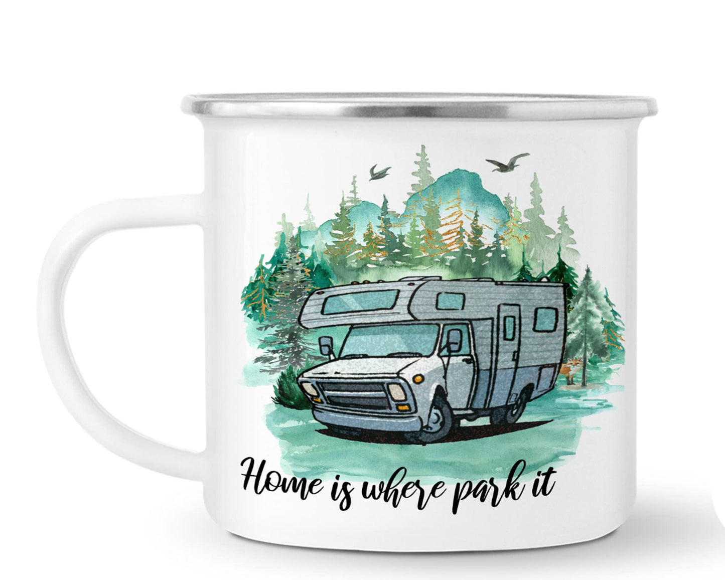 Vixar Enamel Mug Cup, is Ideal for Camping, Caravan, Fishing & Travel, in White with Silver Trim, 10oz, Coffee Tea, Gift, Christmas, Birthday Gift (Home is Where Park it)