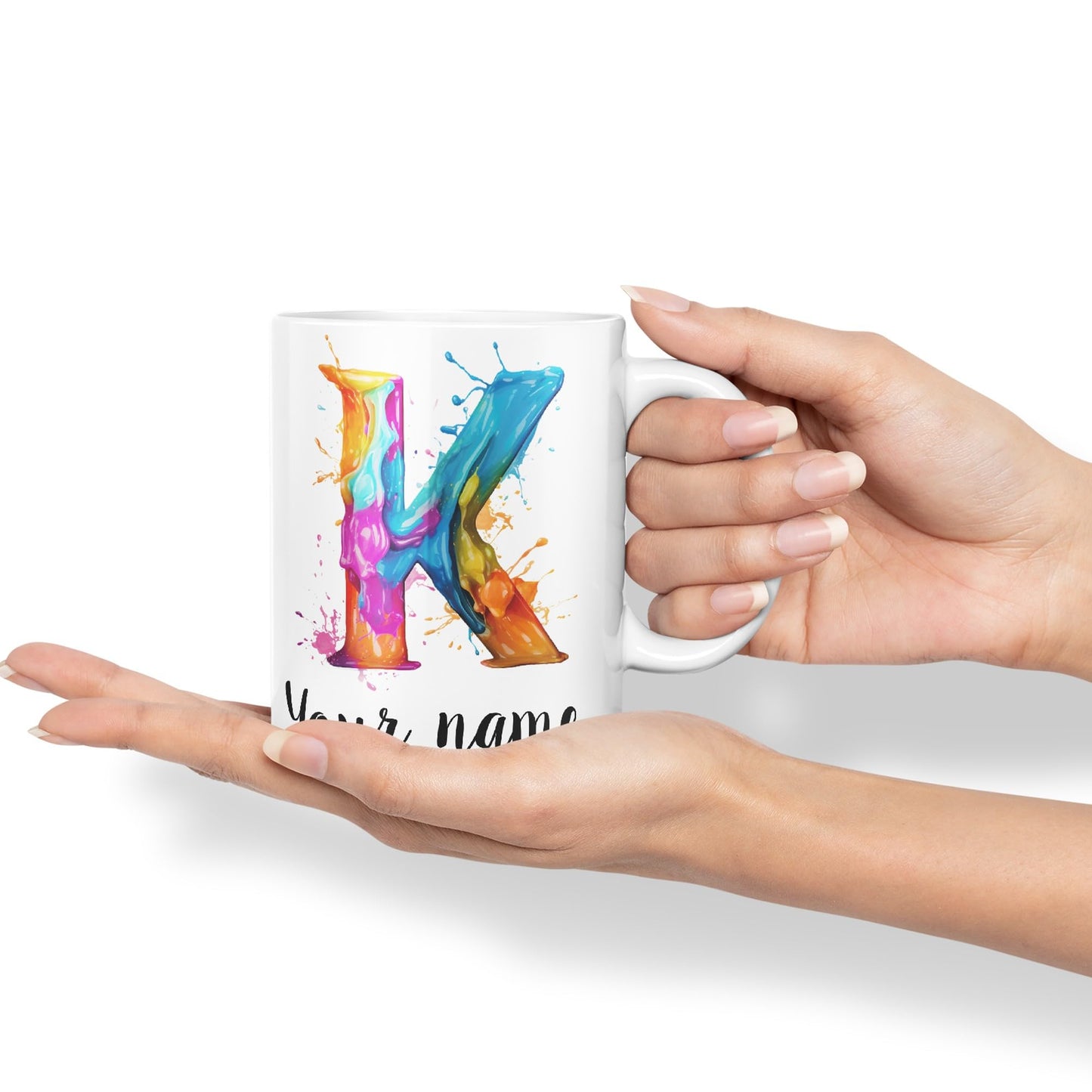 Personalised Letter K mug, Alphabet cusomized custom Letter K Monogram watercolour Ceramic Coloured Mug Cup for Tea Coffee Hot brew 330ml 11Oz Gift