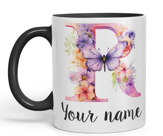 Personalised Letter R mug, Customized Custom Floral flowers butterfly Alphabet Letter R Monogram watercolour Ceramic Coloured Mug Cup for Tea Coffee Hot brew 330ml 11Oz Gift