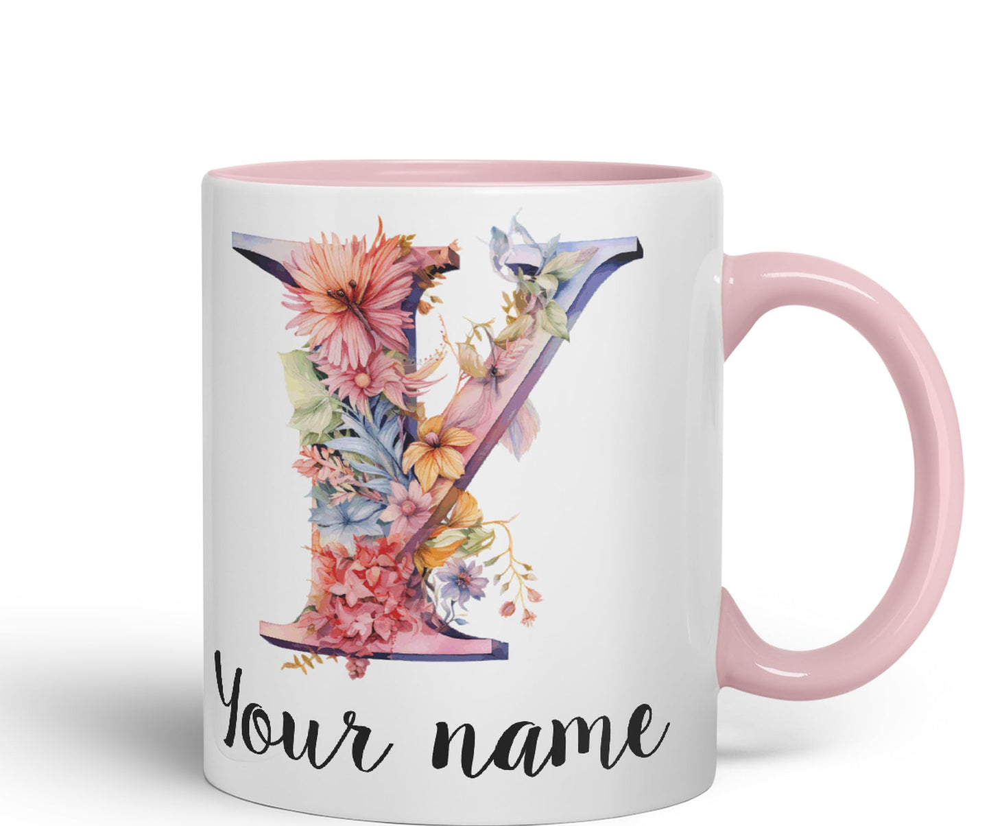 Personalised Letter Y mug, Customized Custom Floral flowers butterfly Alphabet Letter Y Monogram watercolour Ceramic Coloured Mug Cup for Tea Coffee Hot brew 330ml 11Oz Gift