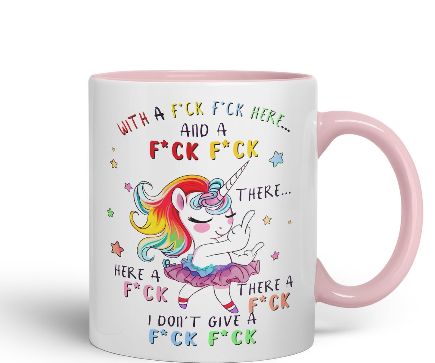 with a f.ck here and… There. I Don't Give a f.ck Unicorn Joke sarkasm Sarcastic Ceramic Coloured Mug Cup for Tea Coffee Hot Brew 330ml 11Oz Gift