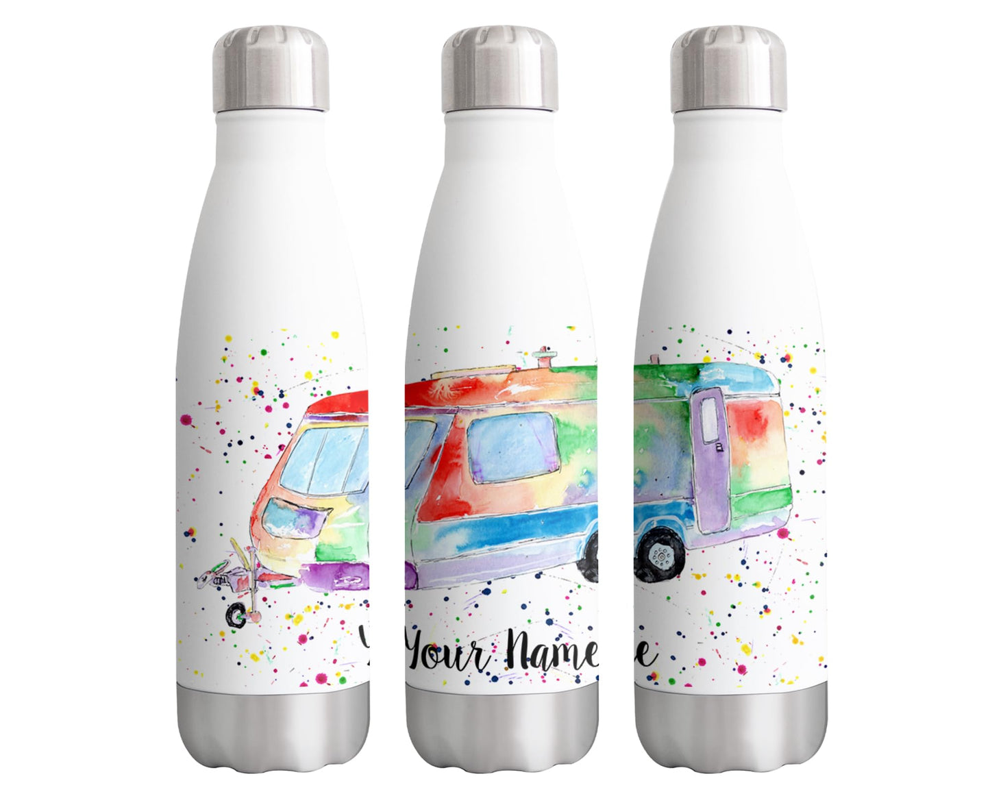 Vixar Touring Personalised Custom Bottle with your Text/name Watercolour holiday caravan Bottle Double Wall Insulated Stainless Steel Sport Drinks 500ml