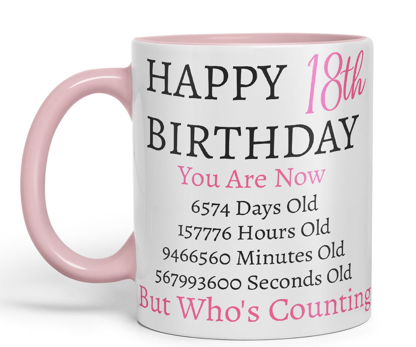 Vixar But Who's Counting Happy 18th Birthday Ceramic Coloured Mug Cup Gift Days Hours Minutes (Pink)