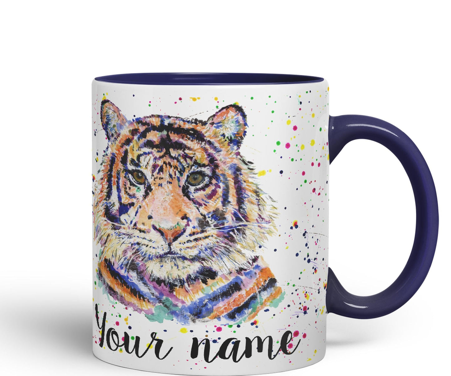 Vixar Personalised with Your Text Tiger Cat Safari Animals Watercolour Art Coloured Ceramic Mug Cup Gift 330ml 11oz Custom Work Office Tea Coffee (O2)