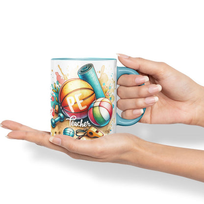 Vixar PE Teacher Mug Thank You, End of School Gift Ceramic Coloured Mug Cup for Tea Coffee Hot Brew 330ml 11Oz Gift