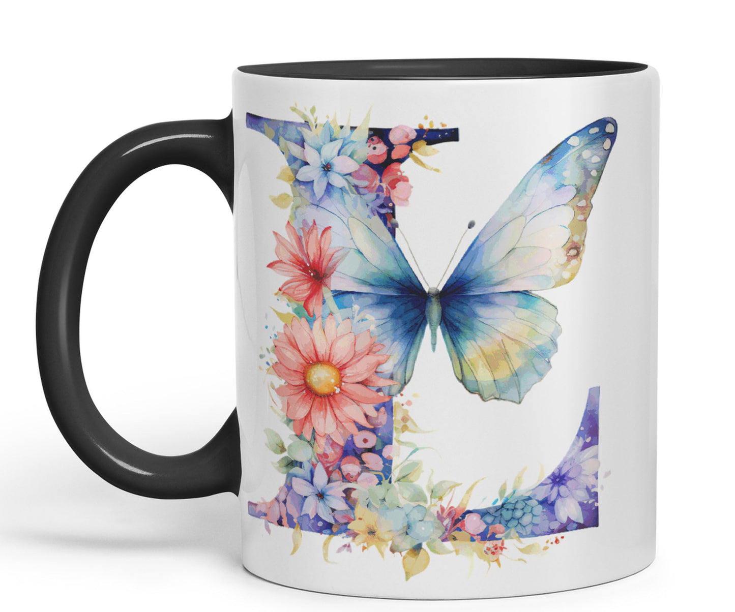 Letter L mug, Floral flowers butterfly Alphabet Letter L Monogram watercolour Ceramic Coloured Mug Cup for Tea Coffee Hot brew 330ml 11Oz Gift
