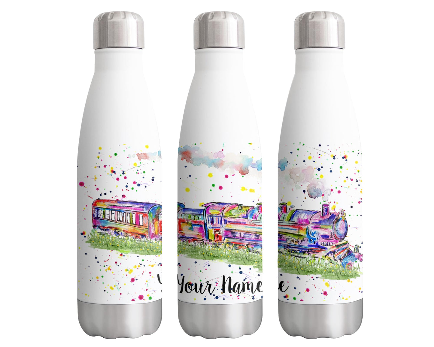 Vixar Steam Train Personalised Custom Bottle with your Text/name Watercolour Bottle double Wall insulated Stainless steel sport Drinks 500ml