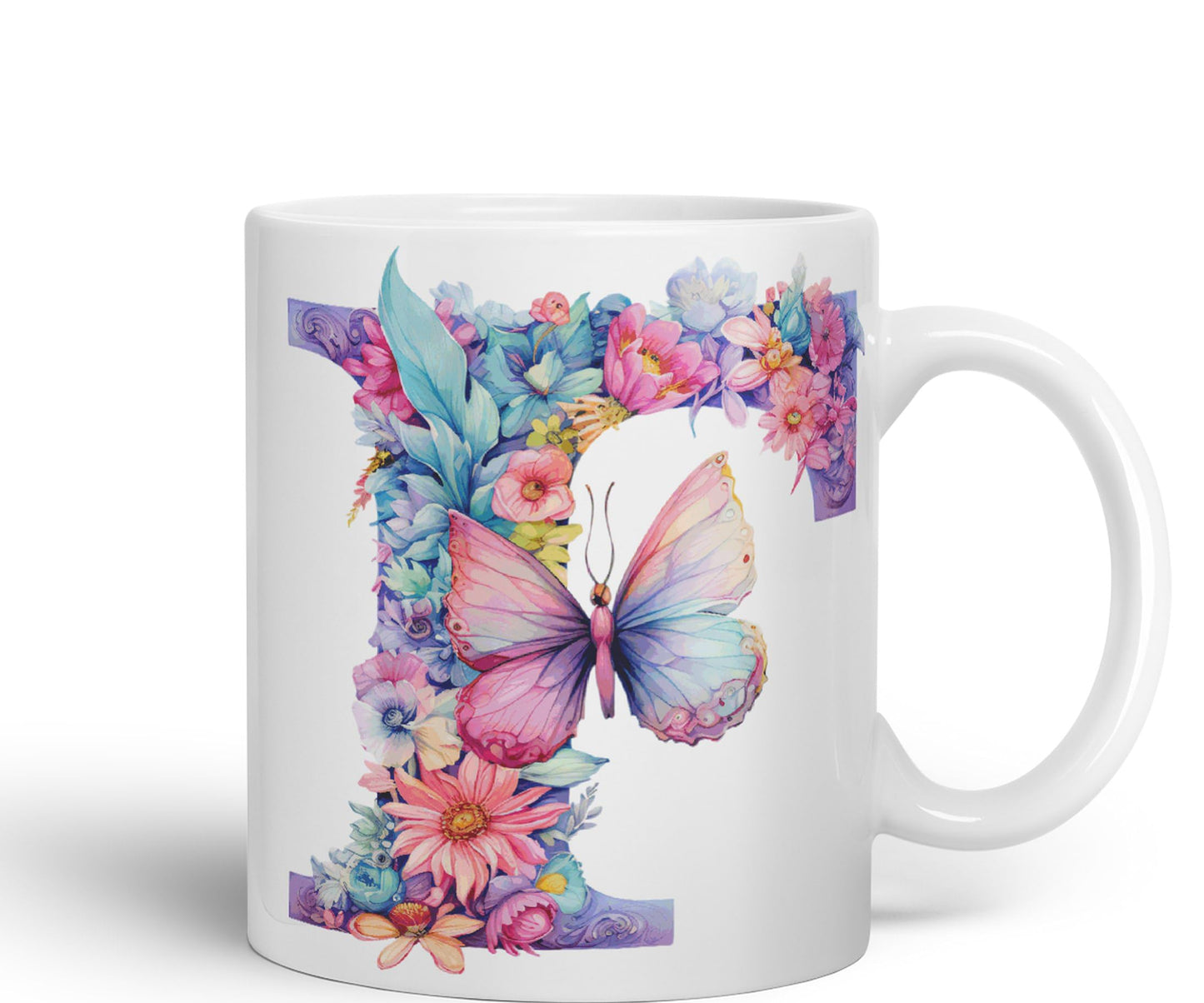 Letter F mug, Floral flowers butterfly Alphabet Letter F Monogram watercolour Ceramic Coloured Mug Cup for Tea Coffee Hot brew 330ml 11Oz Gift