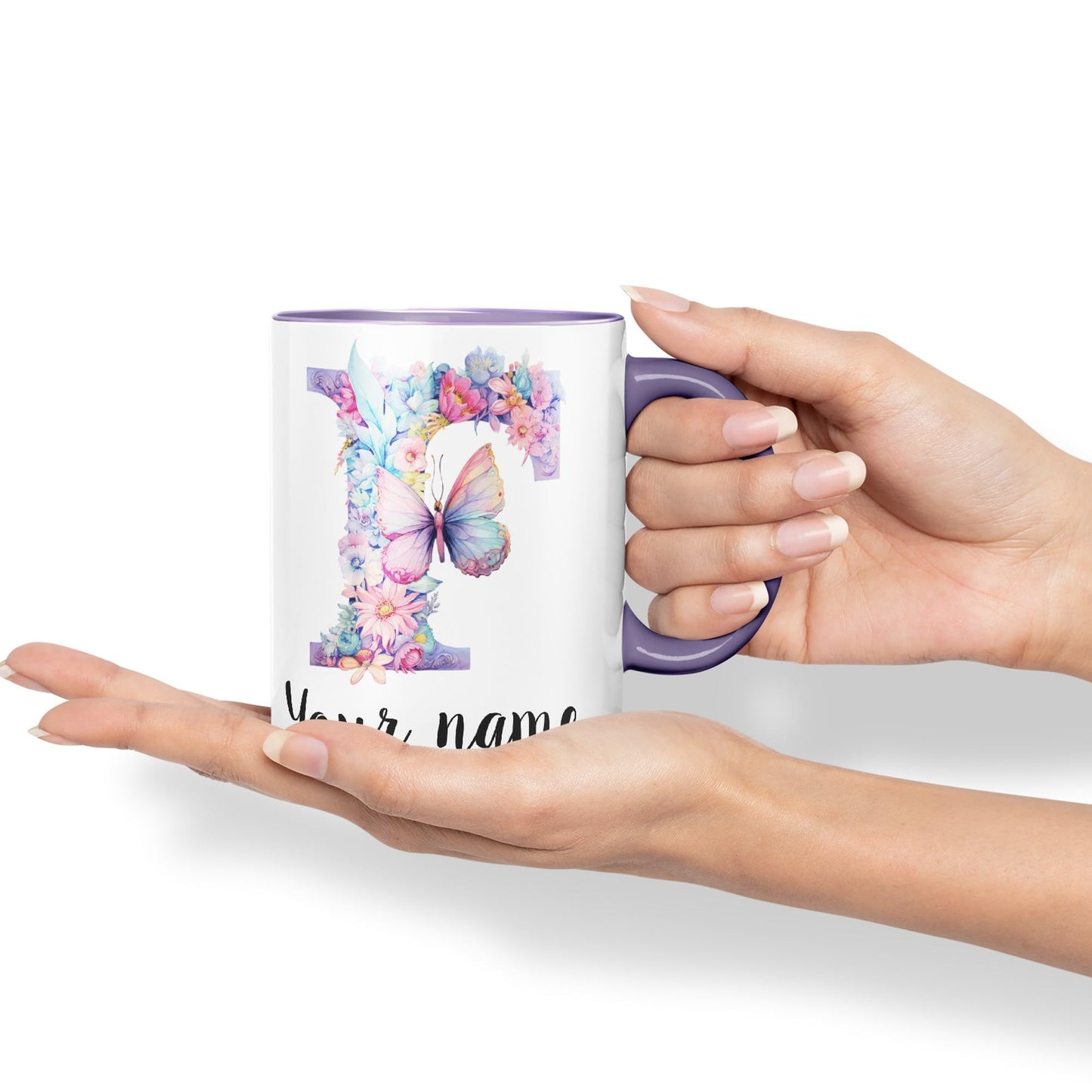 Personalised Letter F mug, Customized Custom Floral flowers butterfly Alphabet Letter F Monogram watercolour Ceramic Coloured Mug Cup for Tea Coffee Hot brew 330ml 11Oz Gift