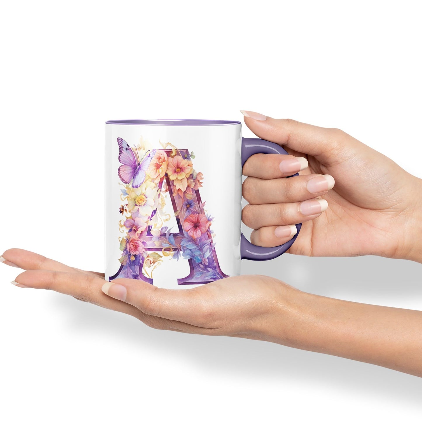 Letter A mug, Floral flowers butterfly Alphabet Letter A Monogram watercolour Ceramic Coloured Mug Cup for Tea Coffee Hot brew 330ml 11Oz Gift