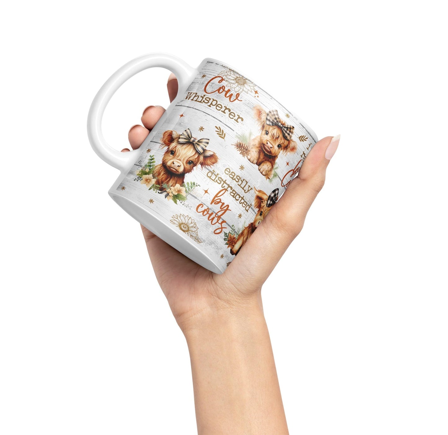 Easily Distracted by Baby Cow Whisperer I just Realy Love Cow Highland Scottish Farm Animals Ceramic Coloured Mug Cup for Tea Coffee Hot Brew 330ml 11Oz Gift