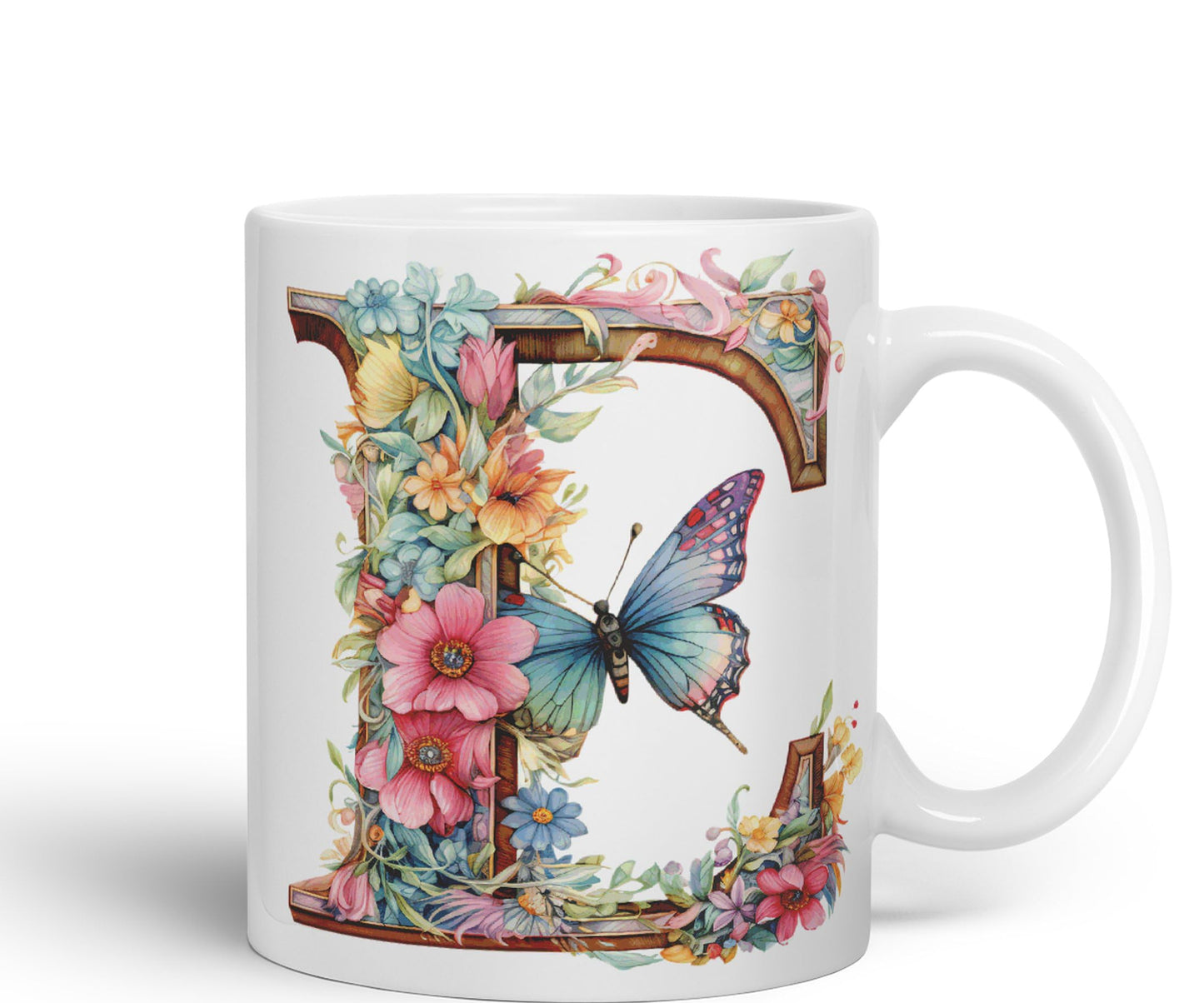 Letter E mug, Floral flowers butterfly Alphabet Letter E Monogram watercolour Ceramic Coloured Mug Cup for Tea Coffee Hot brew 330ml 11Oz Gift