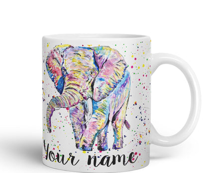 Vixar Personalised with Your Text Elephant Forward Facing Wild Animals Watercolour Art Coloured Ceramic Mug Cup Gift 330ml 11oz Custom Work Office Tea Coffee