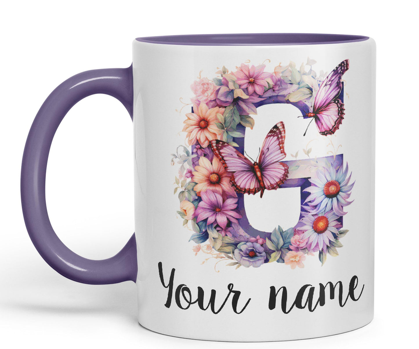 Personalised Letter G mug, Customized Custom Floral flowers butterfly Alphabet Letter G Monogram watercolour Ceramic Coloured Mug Cup for Tea Coffee Hot brew 330ml 11Oz Gift