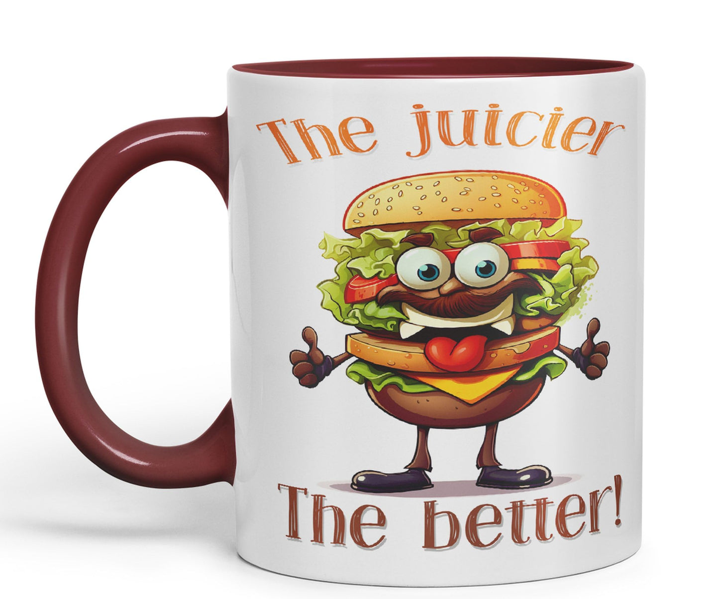 The Juicier The Better Burger, Joke sarkasm Sarcastic Ceramic Coloured Mug Cup for Tea Coffee Hot Brew 330ml 11Oz Gift