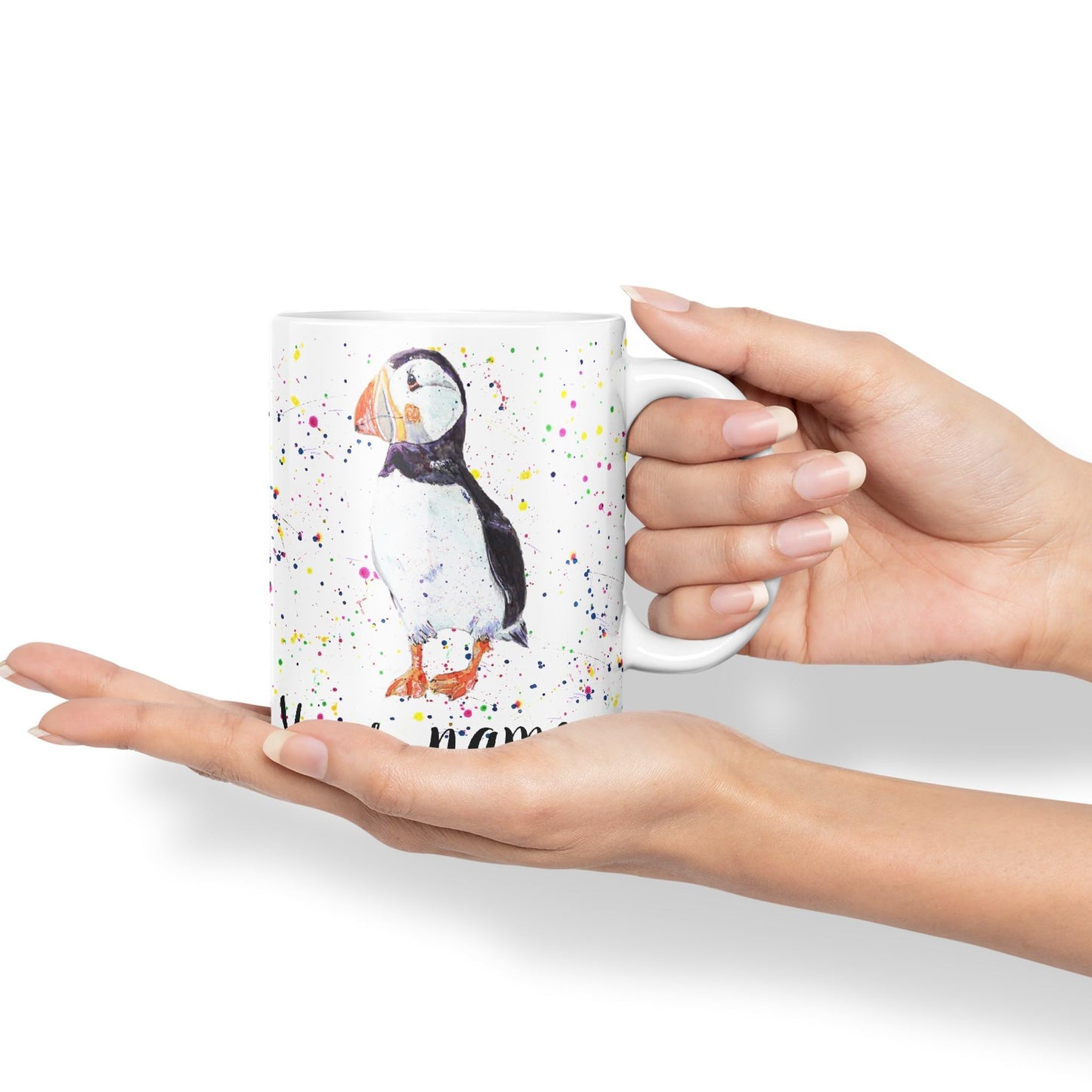 Vixar Personalised with Your Text Puffin Bird Animals Watercolour Art Coloured Ceramic Mug Cup Gift 330ml 11oz Custom Work Office Tea Coffee (O2)