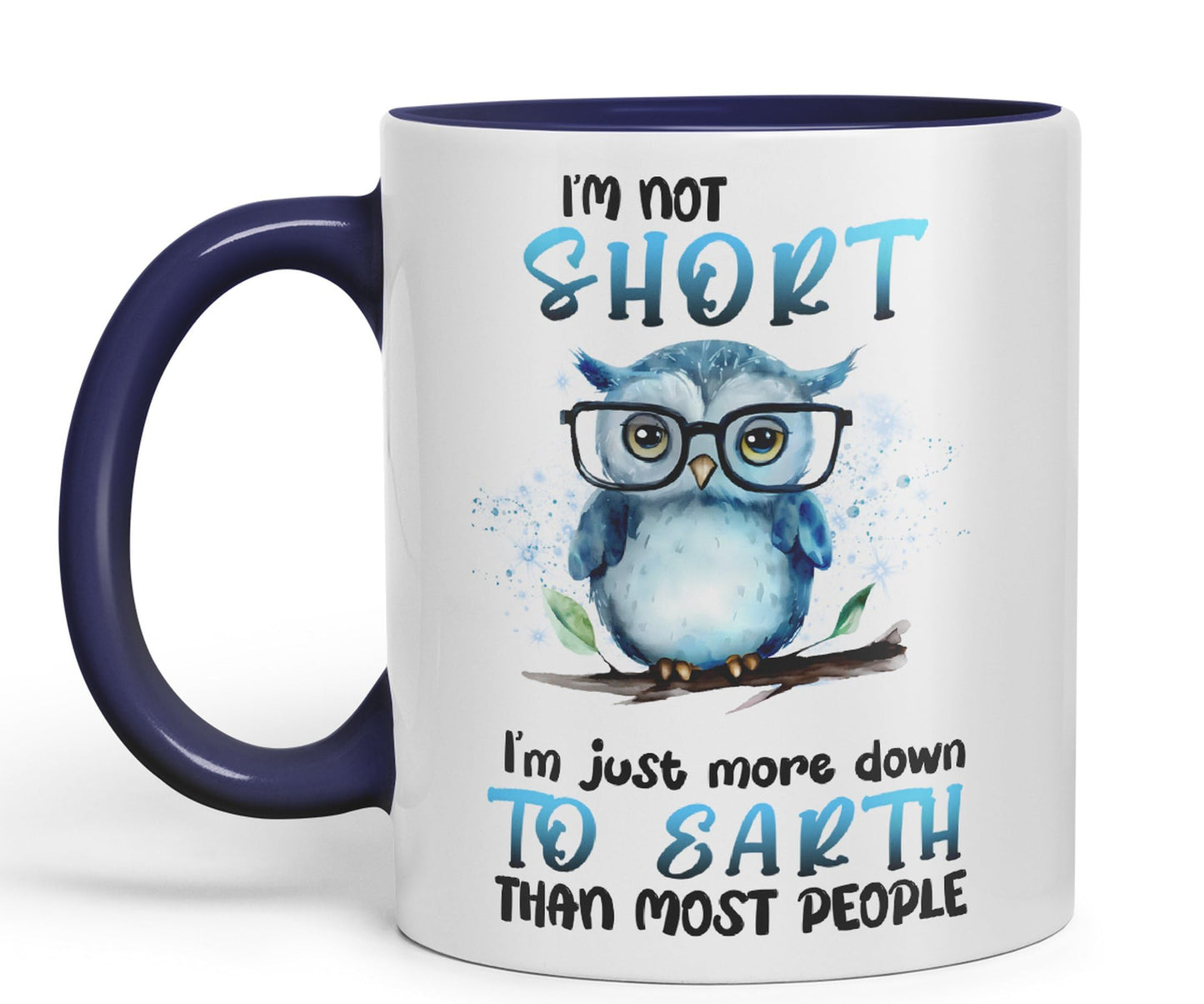Vixar I'm Not Short, I'm just More Down to Earth Than Most People, owl Sarcastic Joke Ceramic Coloured Mug Cup for Tea Coffee Hot Brew 330ml 11Oz