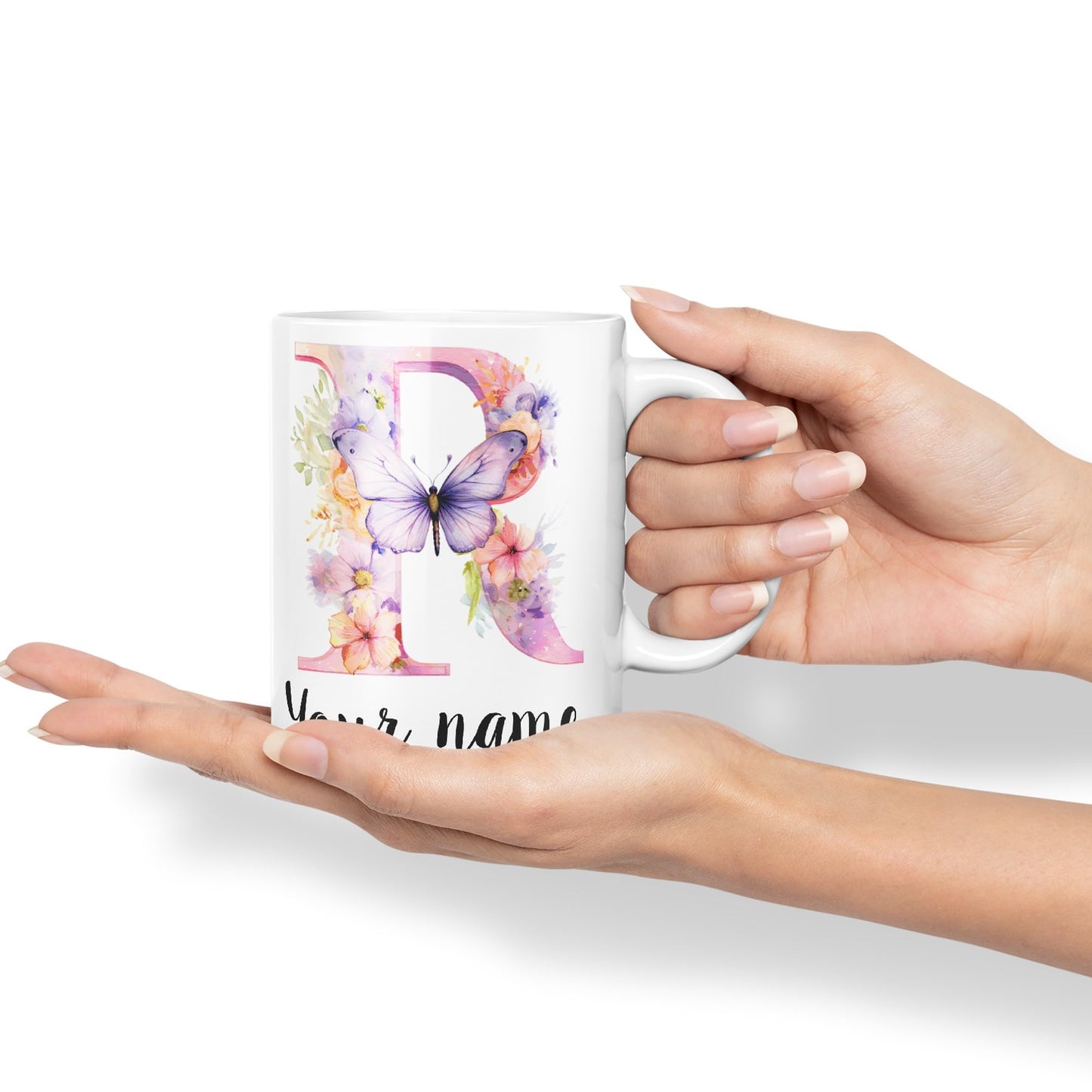 Personalised Letter R mug, Customized Custom Floral flowers butterfly Alphabet Letter R Monogram watercolour Ceramic Coloured Mug Cup for Tea Coffee Hot brew 330ml 11Oz Gift