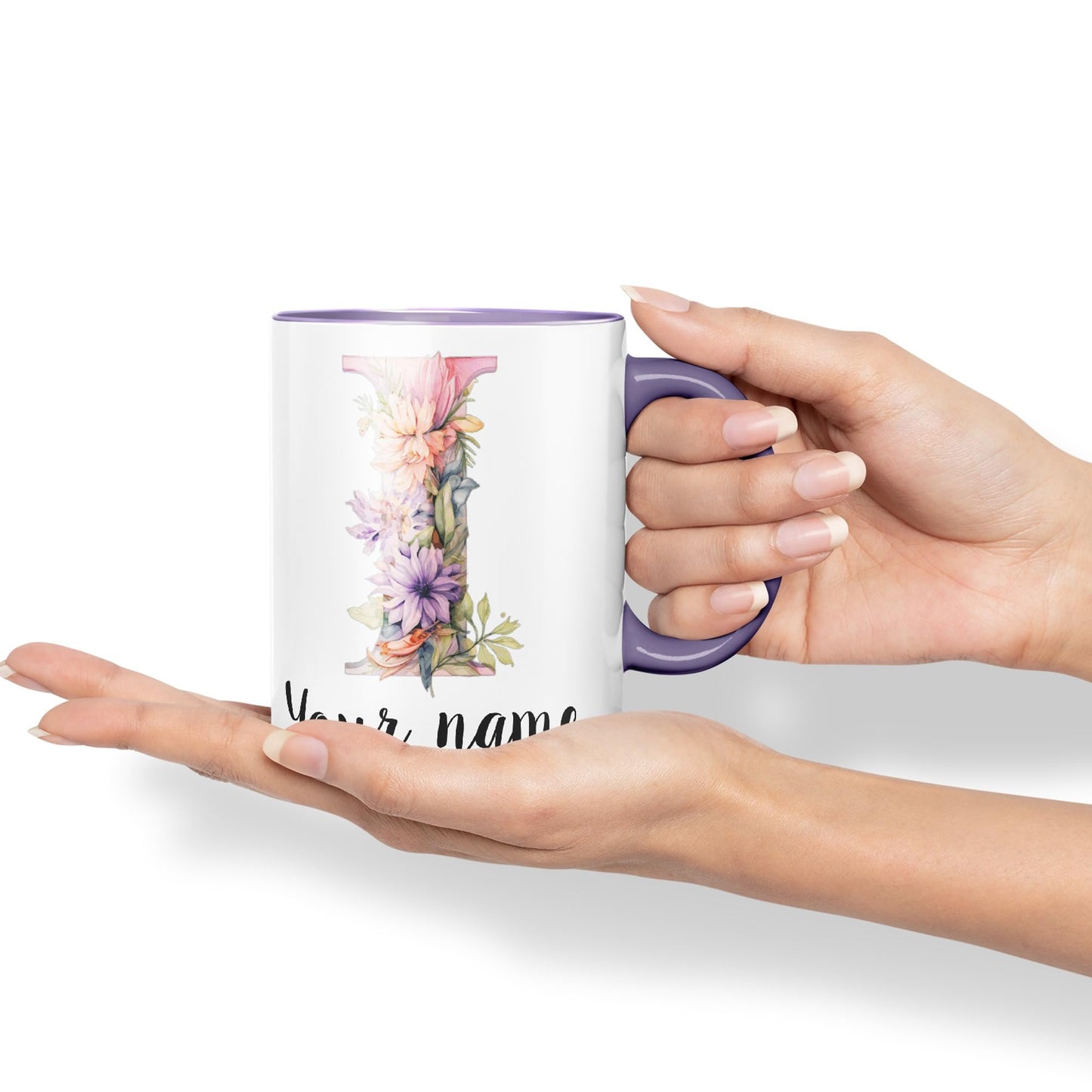 Personalised Letter I mug, Customized Custom Floral flowers butterfly Alphabet Letter I Monogram watercolour Ceramic Coloured Mug Cup for Tea Coffee Hot brew 330ml 11Oz Gift