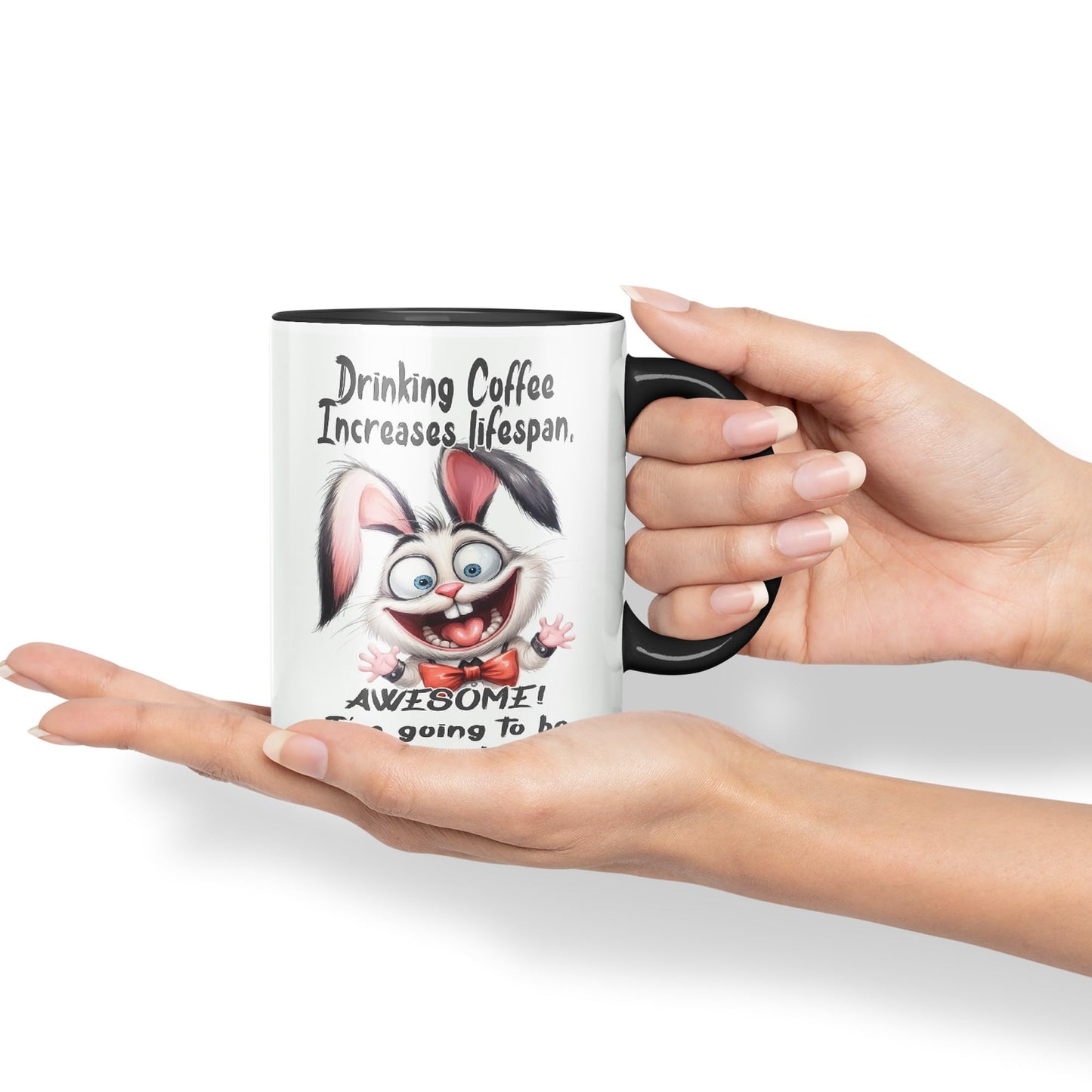 Drinking Coffee Increases lifespan Awesome! I'm Going to be Immortal, Rabbit Hare Joke sarkasm Sarcastic Ceramic Coloured Mug Cup for Tea Coffee Hot Brew 330ml 11Oz Gift