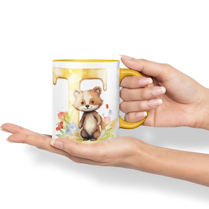 Letter T mug, Animals Alphabet Letter T Monogram animal for kids Ceramic Coloured Mug Cup for Tea Coffee Hot brew 330ml 11Oz Gift