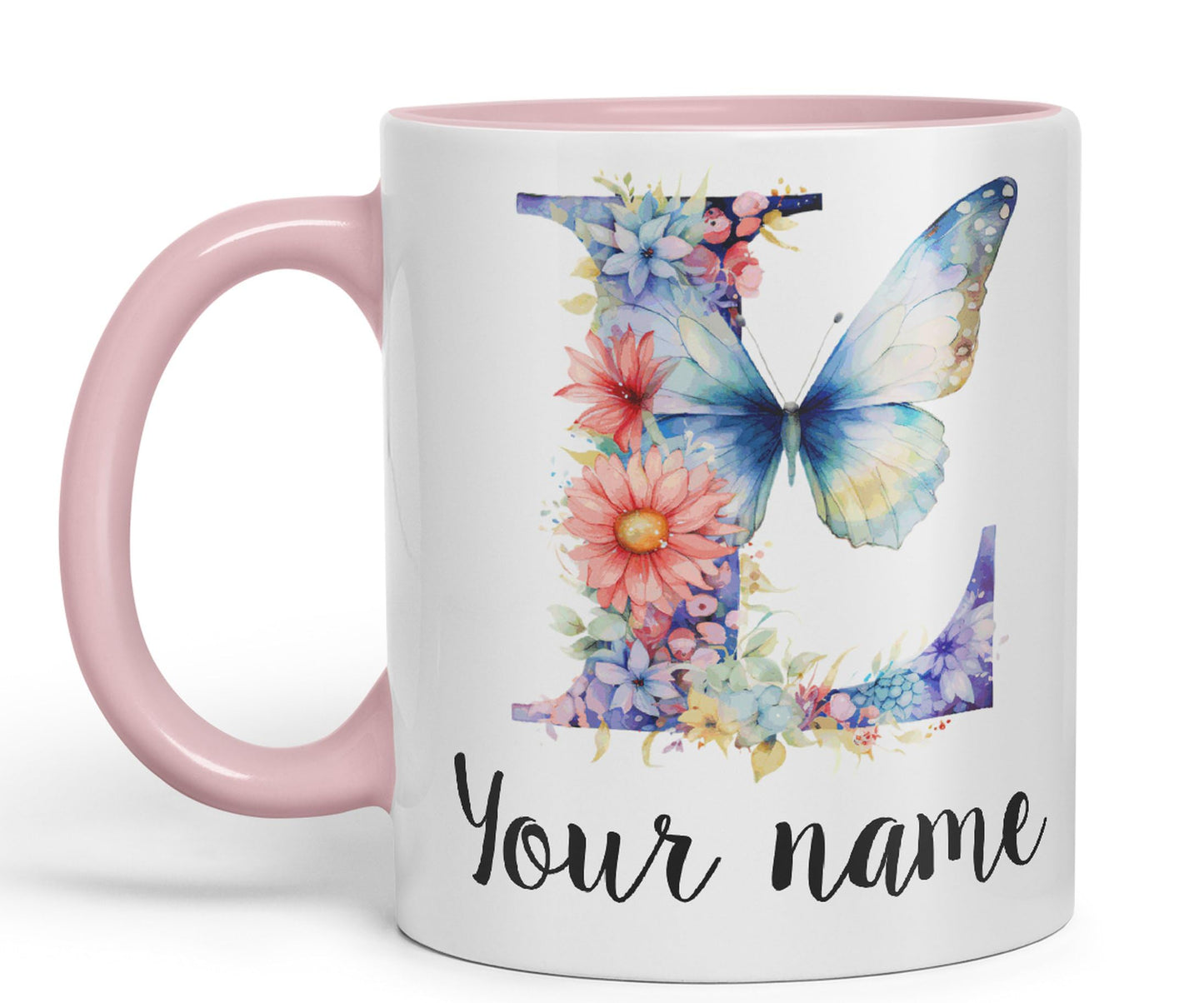 Personalised Letter L mug, Customized Custom Floral flowers butterfly Alphabet Letter L Monogram watercolour Ceramic Coloured Mug Cup for Tea Coffee Hot brew 330ml 11Oz Gift