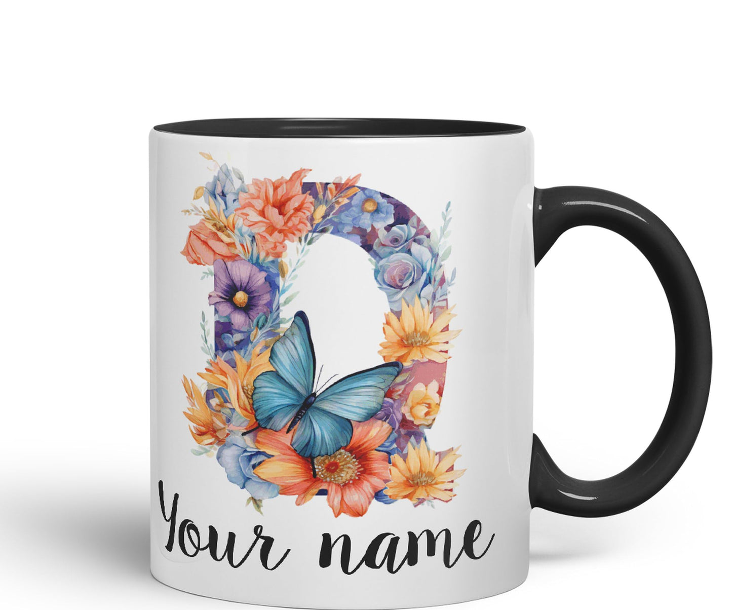 Personalised Letter Q mug, Customized Custom Floral flowers butterfly Alphabet Letter Q Monogram watercolour Ceramic Coloured Mug Cup for Tea Coffee Hot brew 330ml 11Oz Gift