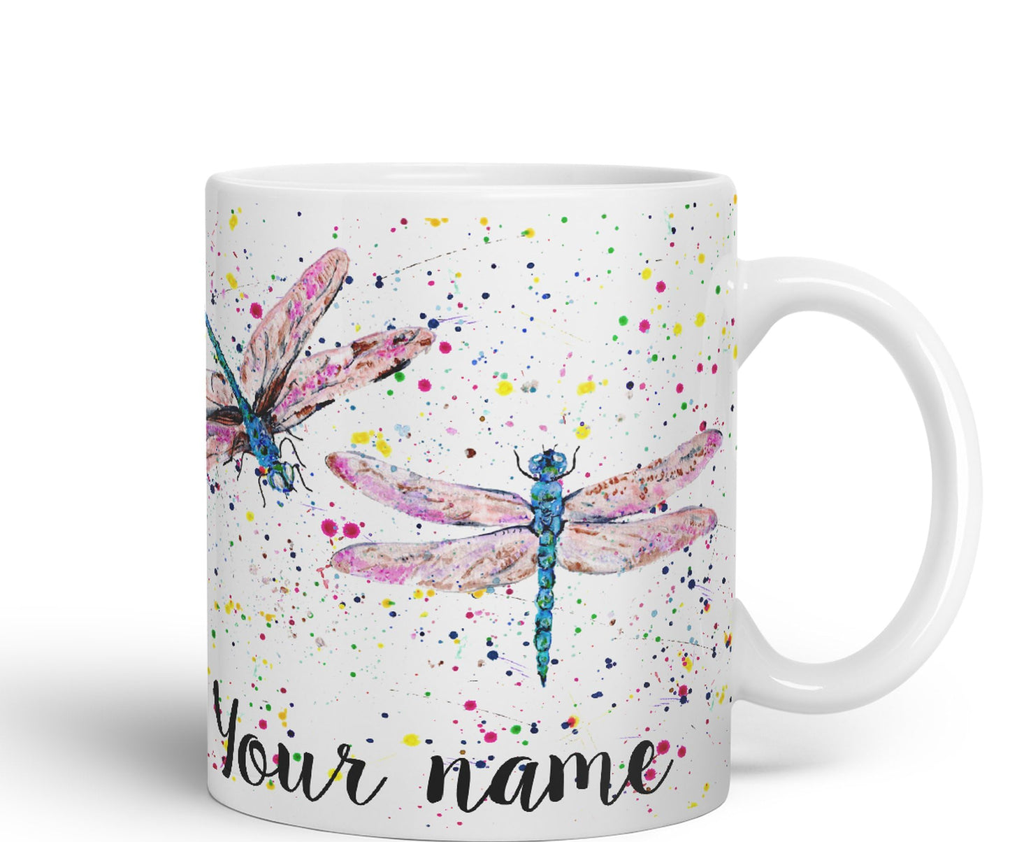 Vixar Personalised with Your Text Dragonflies Dragonfly Insect Animals Watercolour Art Coloured Ceramic Mug Cup Gift 330ml 11oz Custom Work Office Tea Coffee