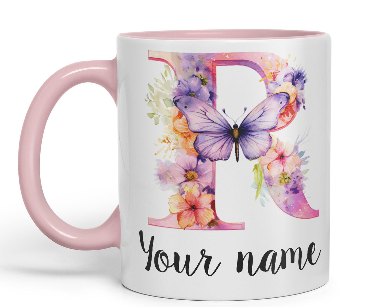 Personalised Letter R mug, Customized Custom Floral flowers butterfly Alphabet Letter R Monogram watercolour Ceramic Coloured Mug Cup for Tea Coffee Hot brew 330ml 11Oz Gift