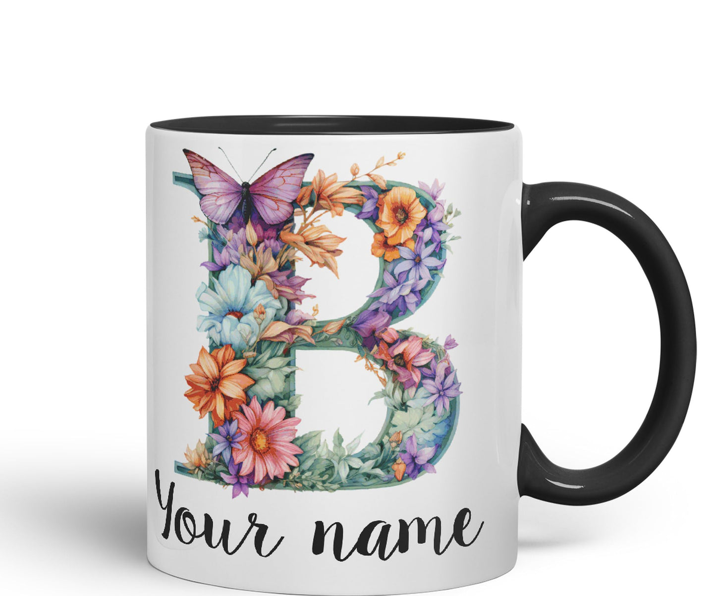 Personalised Letter B mug, Customized Custom Floral flowers butterfly Alphabet Letter B Monogram watercolour Ceramic Coloured Mug Cup for Tea Coffee Hot brew 330ml 11Oz Gift