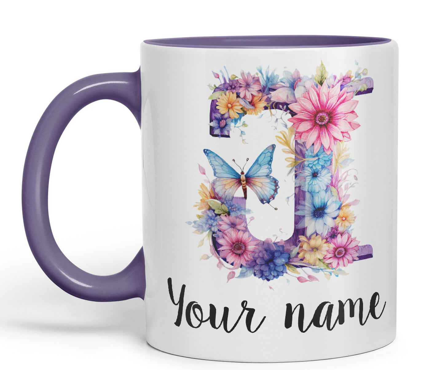 Personalised Letter J mug, Customized Custom Floral flowers butterfly Alphabet Letter J Monogram watercolour Ceramic Coloured Mug Cup for Tea Coffee Hot brew 330ml 11Oz Gift