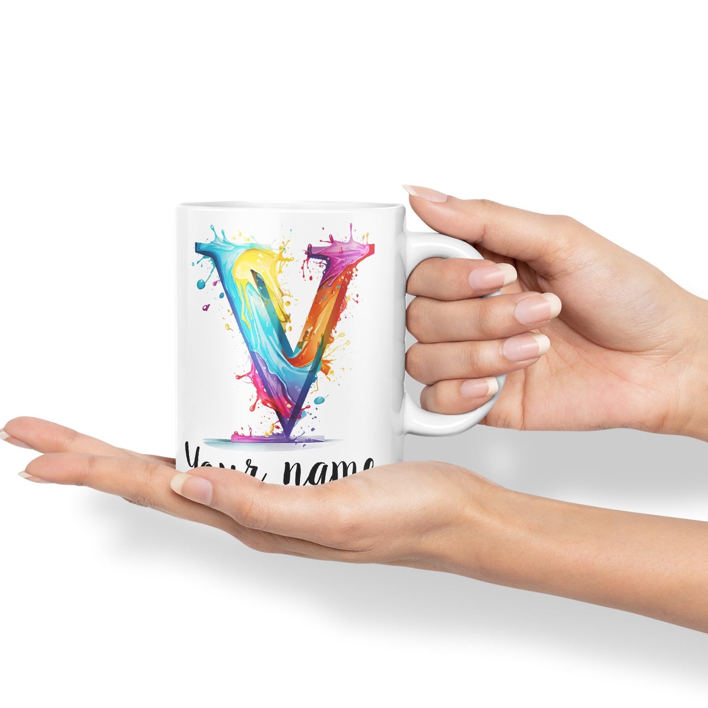 Personalised Letter V mug, Alphabet cusomized custom Letter V Monogram watercolour Ceramic Coloured Mug Cup for Tea Coffee Hot brew 330ml 11Oz Gift