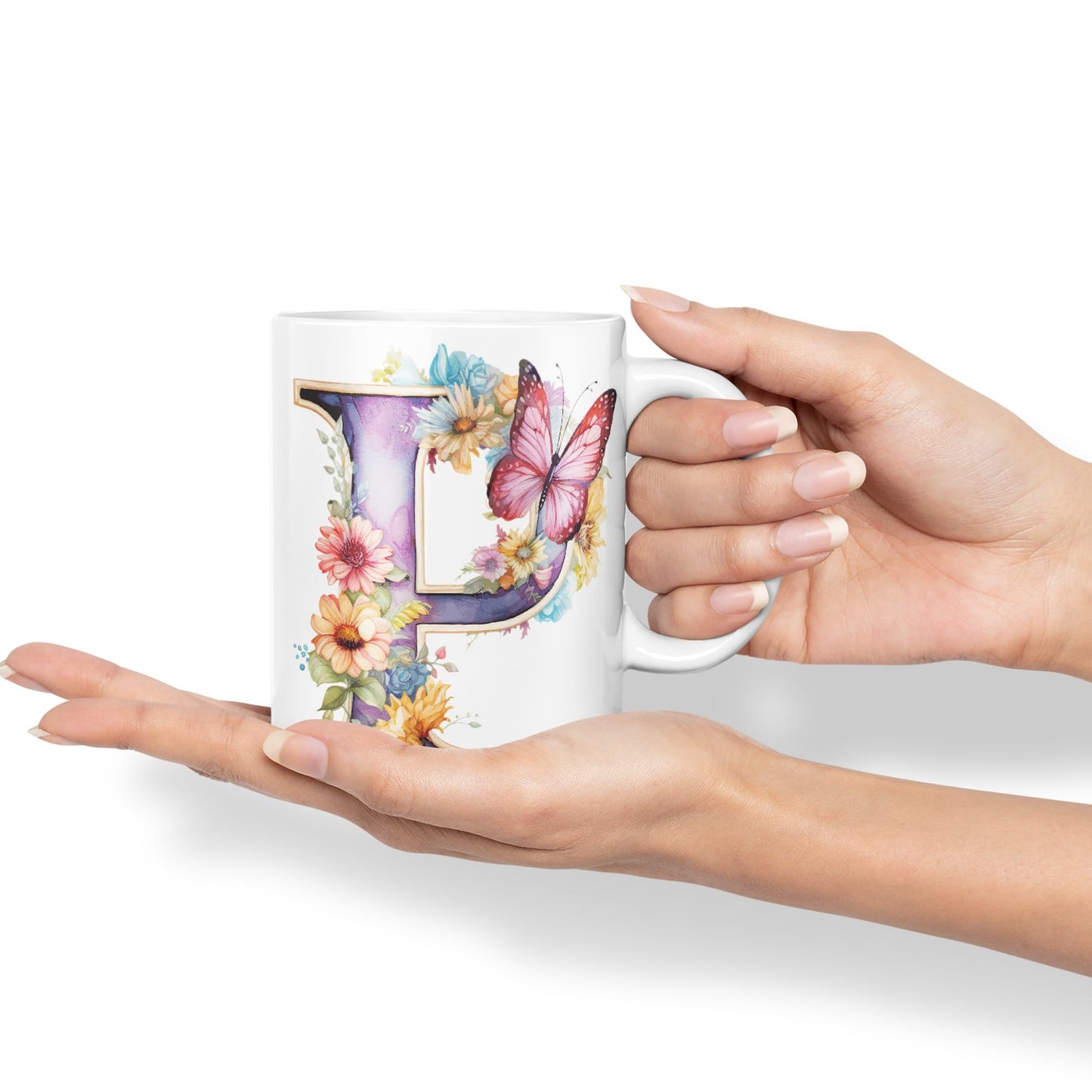 Letter P mug, Floral flowers butterfly Alphabet Letter P Monogram watercolour Ceramic Coloured Mug Cup for Tea Coffee Hot brew 330ml 11Oz