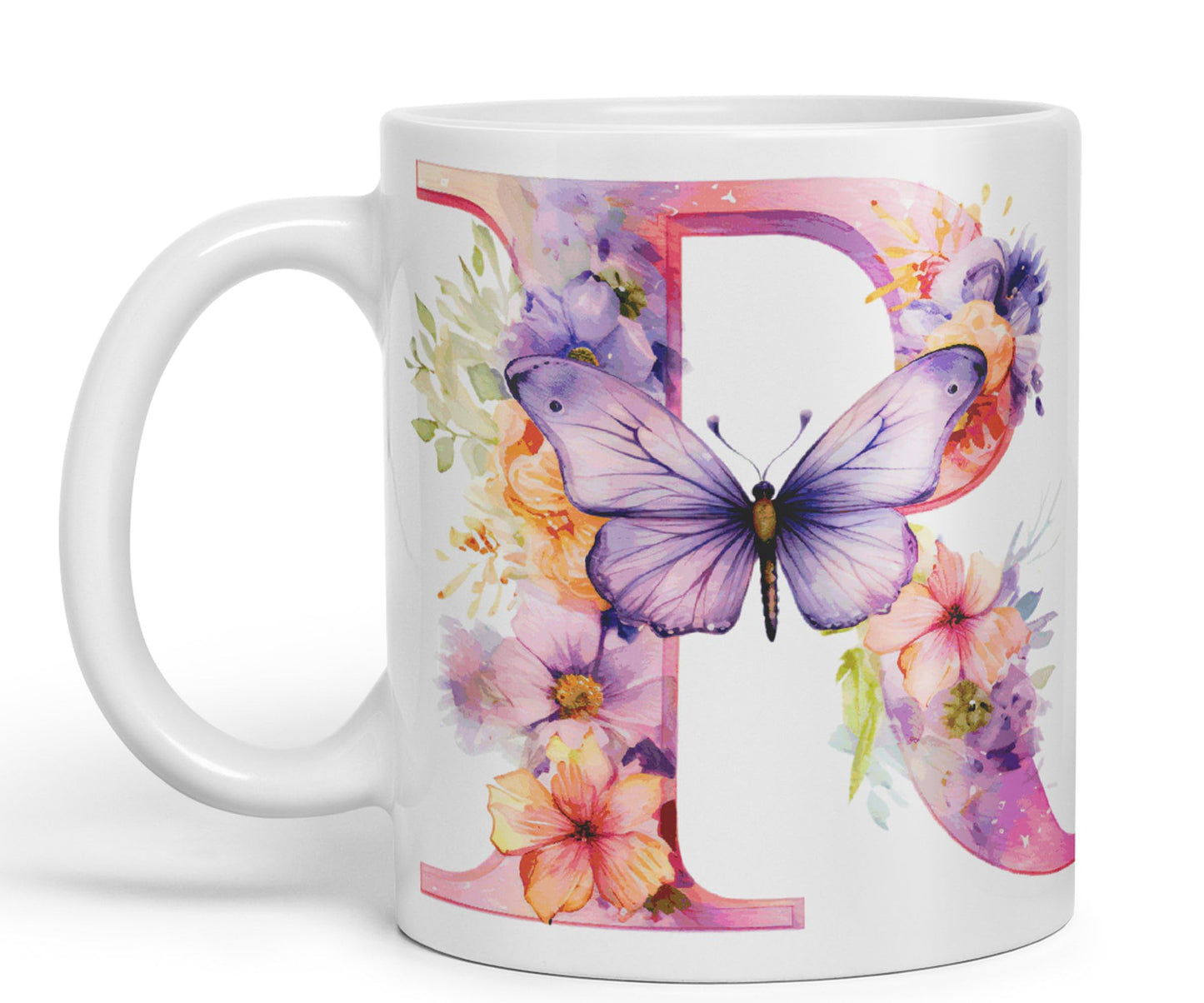 Letter R mug, Floral flowers butterfly Alphabet Letter R Monogram watercolour Ceramic Coloured Mug Cup for Tea Coffee Hot brew 330ml 11Oz Gift