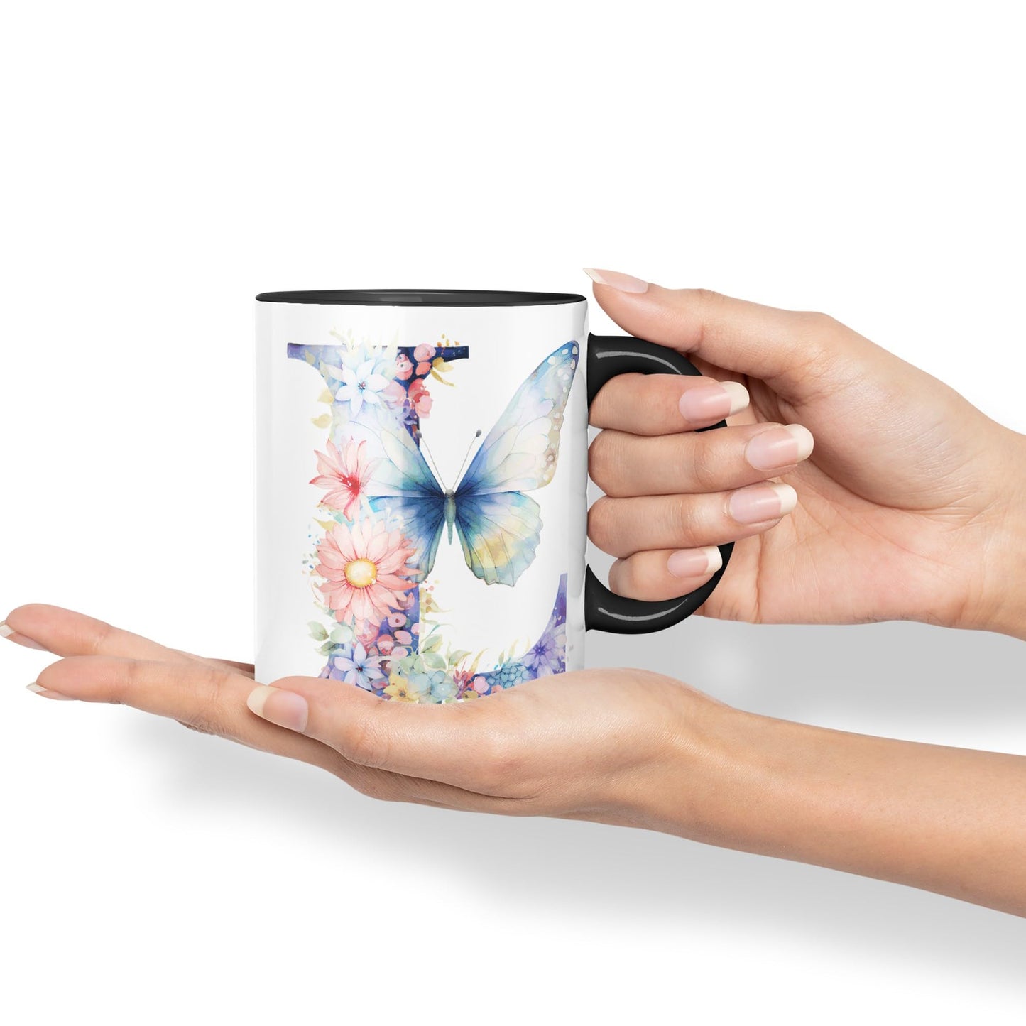 Letter L mug, Floral flowers butterfly Alphabet Letter L Monogram watercolour Ceramic Coloured Mug Cup for Tea Coffee Hot brew 330ml 11Oz Gift