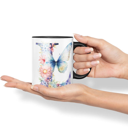 Letter L mug, Floral flowers butterfly Alphabet Letter L Monogram watercolour Ceramic Coloured Mug Cup for Tea Coffee Hot brew 330ml 11Oz Gift