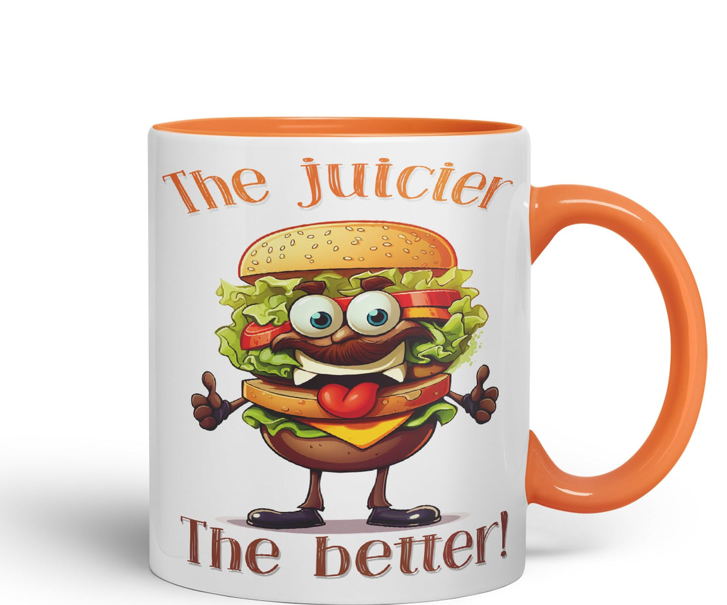 The Juicier The Better Burger, Joke sarkasm Sarcastic Ceramic Coloured Mug Cup for Tea Coffee Hot Brew 330ml 11Oz Gift